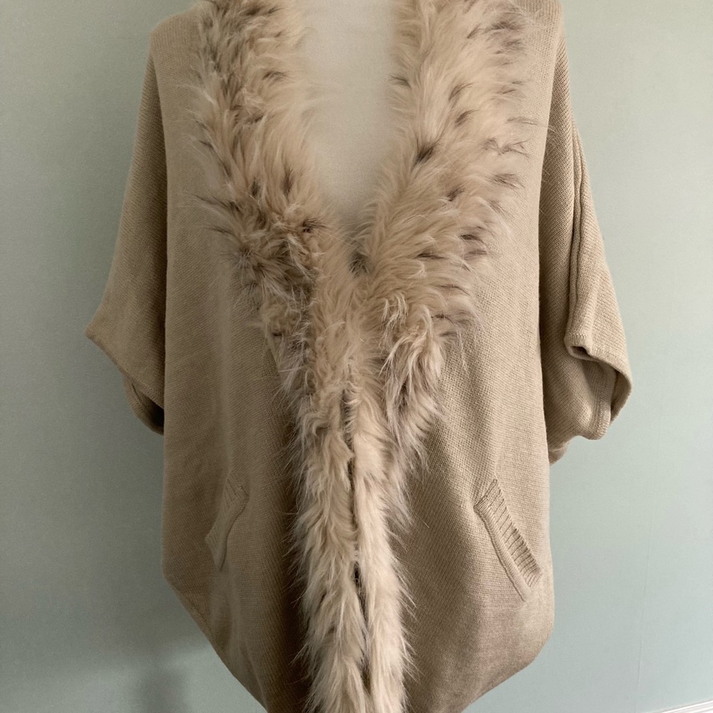 Women's Beige Fur Trim Oversized Cocoon Sweater